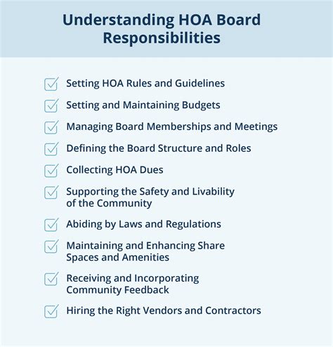 As with any executive officer, the president is responsible for running meetings, establishing the agenda and executing contracts and other legal documents pertaining to the HOA. . Florida hoa board of directors responsibilities